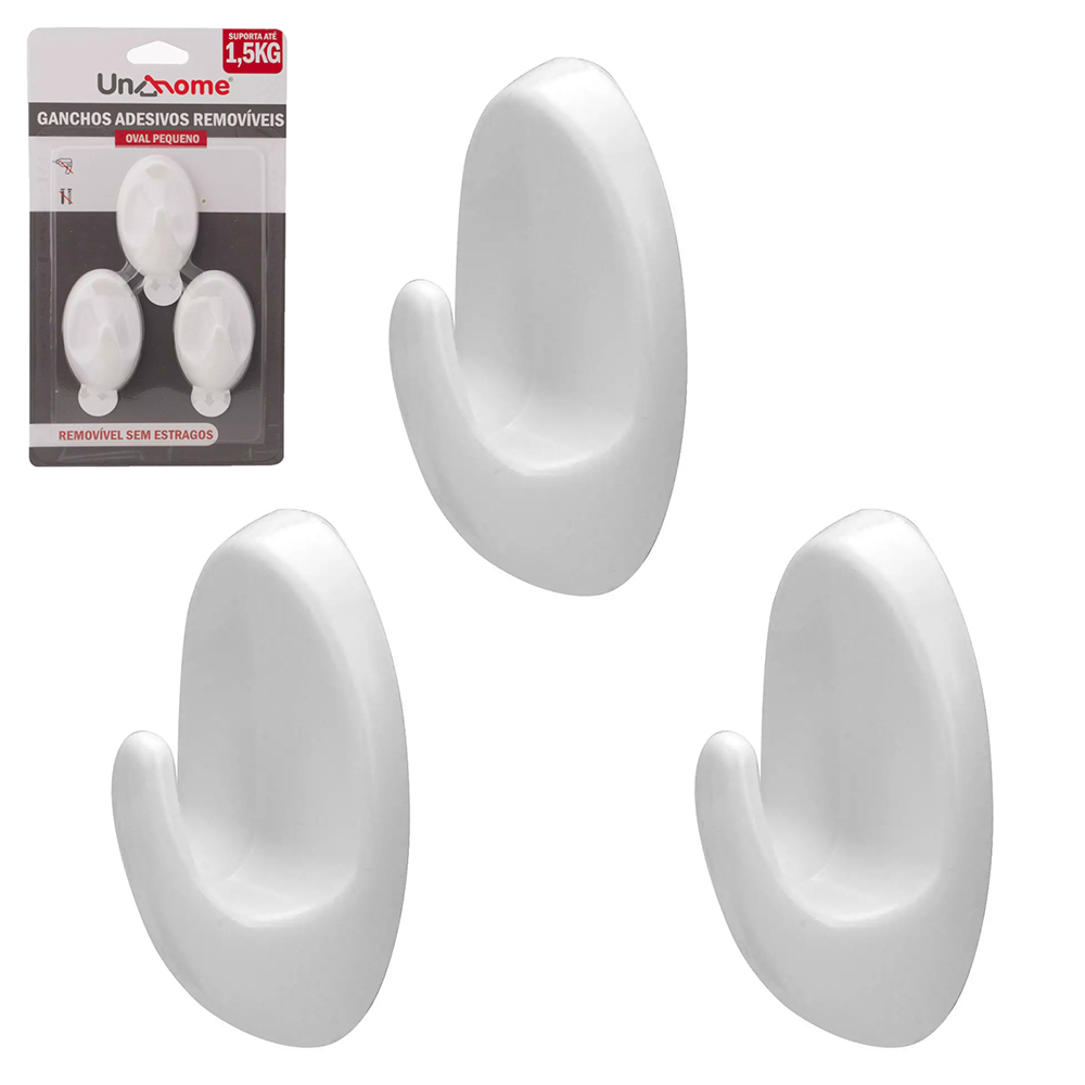 CABIDE GANCHO DE PLASTICO OVAL PEQUENO AUTOADESIVO COM 3 PECAS 5X3X2,2CM