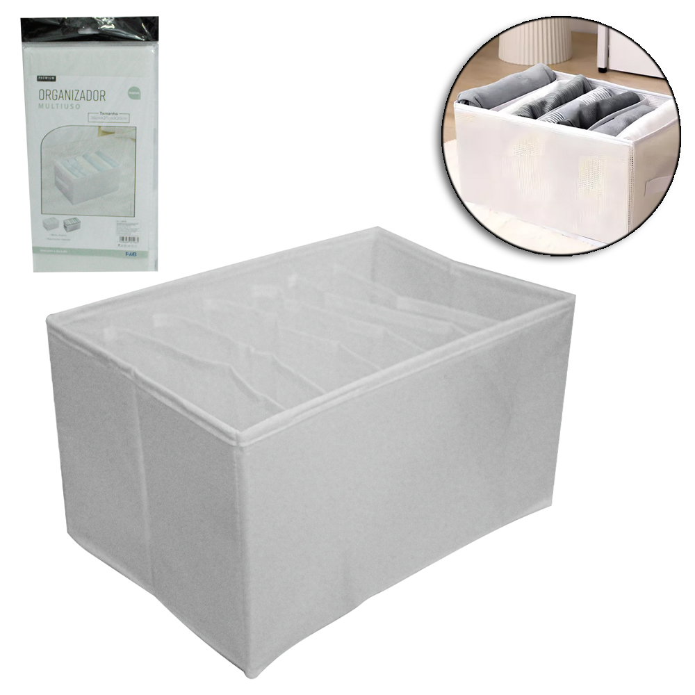 CAIXA ORGANIZADOR DE PVC / TNT DOBRAVEL MULTIUSO COM 7 DIVISORIAS + ALCA INOVA PREMIUM 36X25X20CM