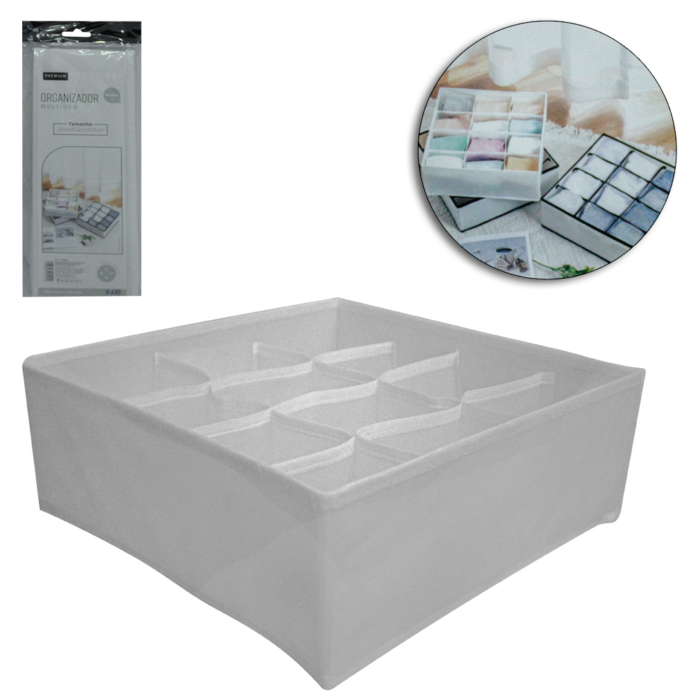 CAIXA ORGANIZADOR DE PVC / TNT DOBRAVEL MULTIUSO COM 12 DIVISORIAS INOVA PREMIUM 32X32X12CM