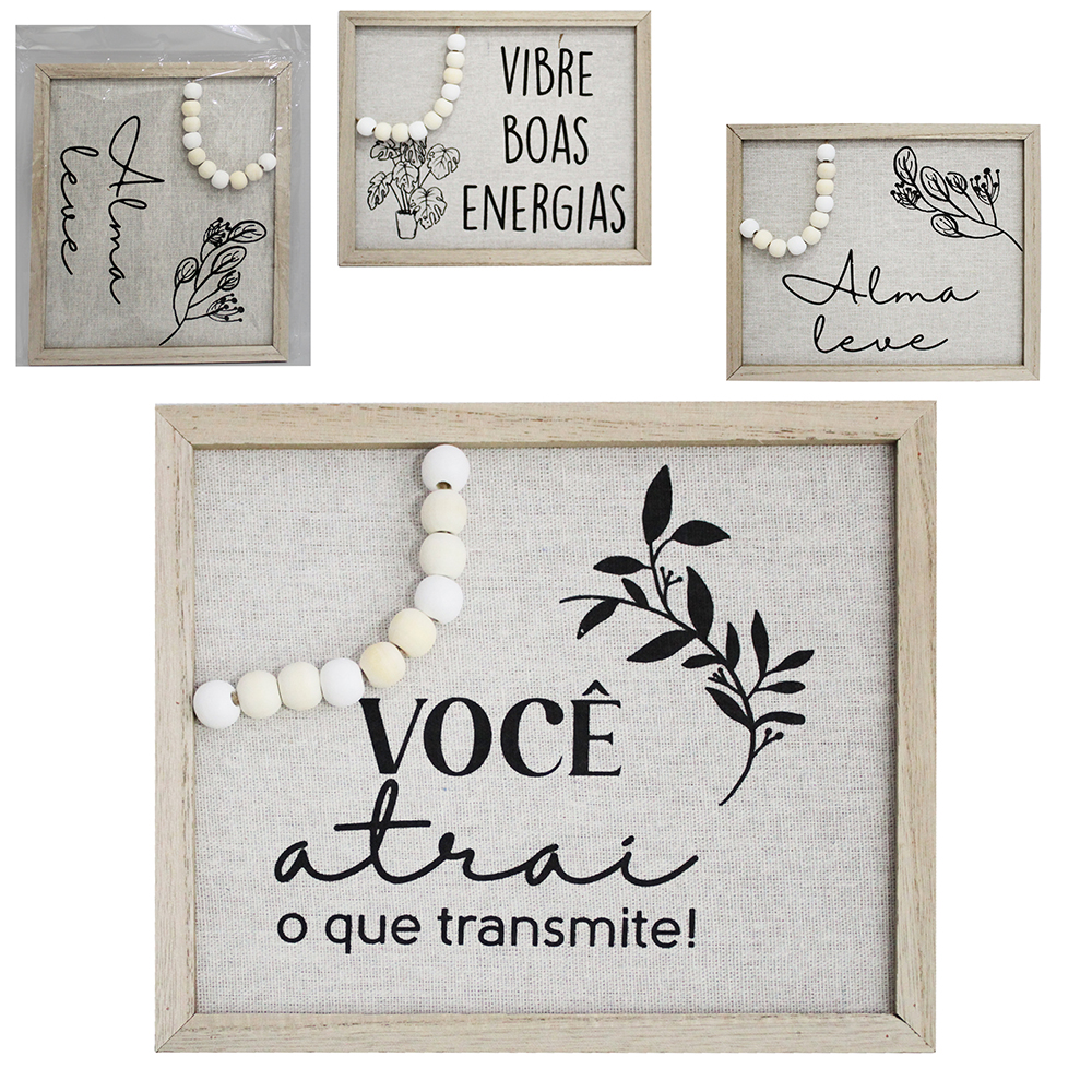 ENFEITE PLACA DE MADEIRA MDF / TECIDO FRASES HORIZONTAL COM DETALHES CONTAS 24X20CM