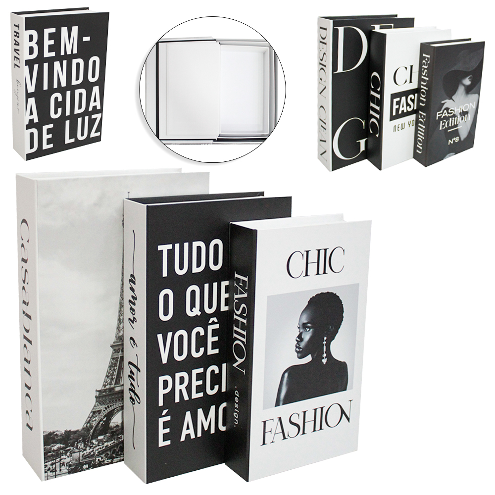 CAIXA DECORATIVA MODELO LIVRO ESTAMPAS SORTIDAS DCA DECOR COM 3 PECAS