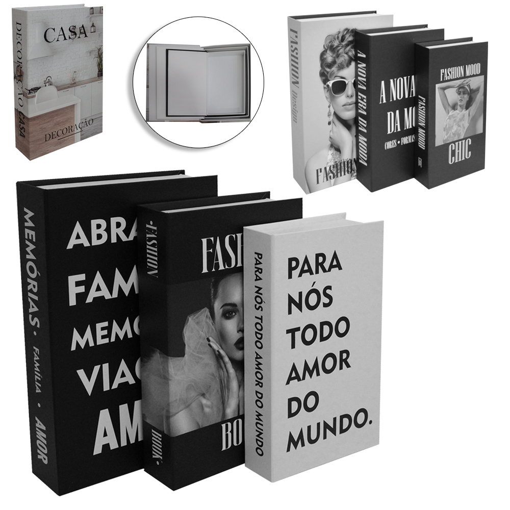 CAIXA DECORATIVA MODELO LIVRO ESTAMPAS SORTIDAS DCA DECOR COM 3 PECAS