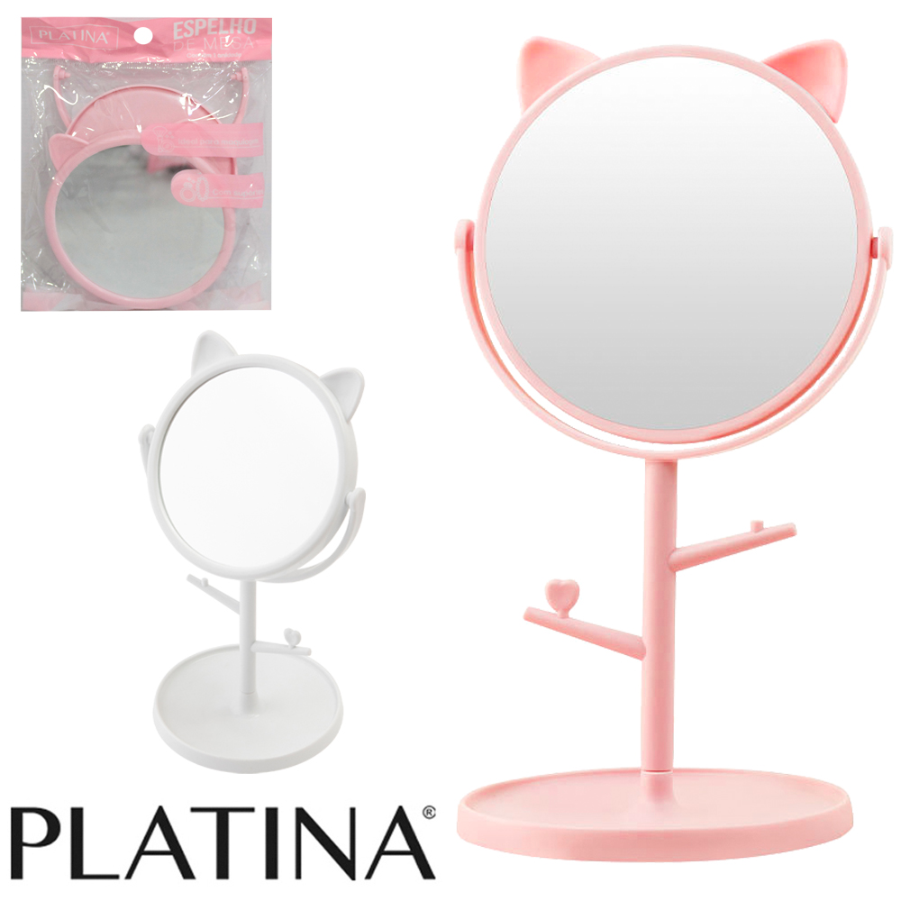 ESPELHO DE MESA REDONDO COM BASE PORTA JOIAS + 2 GANCHOS DE PLASTICO GATINHO PLATINA 20X12X10CM