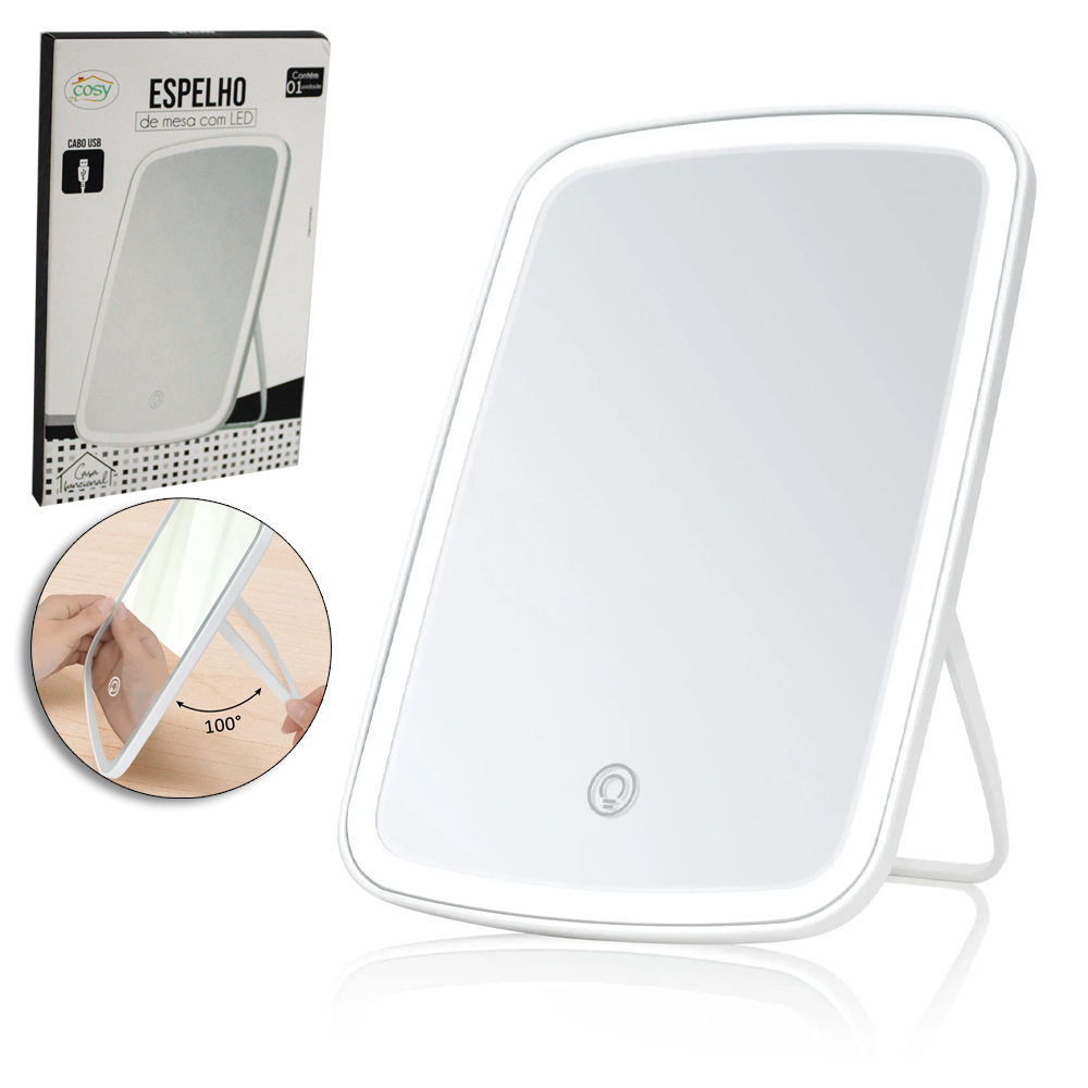 ESPELHO DE MESA RETANGULAR COM TOUCH + LED 20X13CM