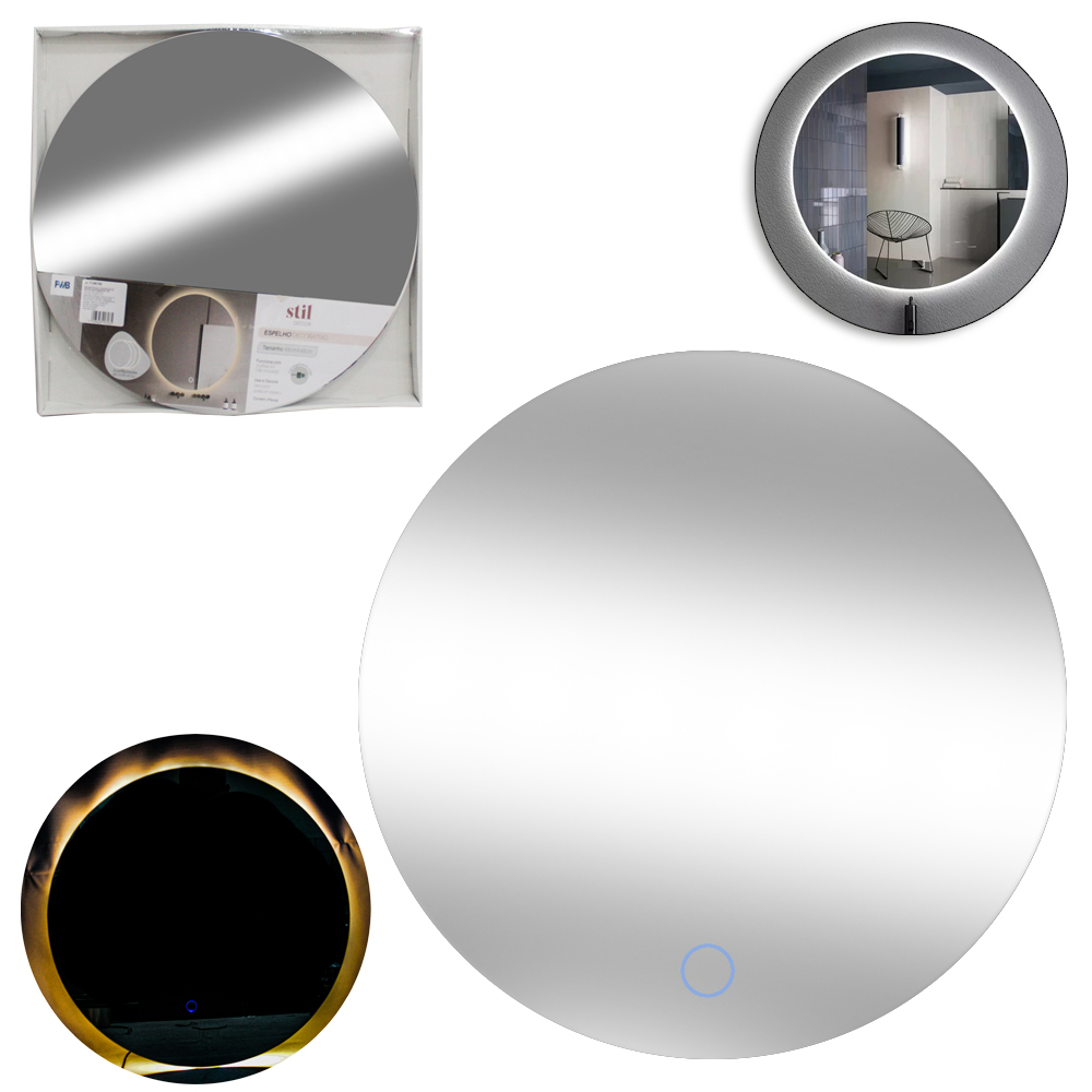 ESPELHO DE PENDURAR EMOLDURADO REDONDO DECORATIVO COM TOUCH + LED E CABO USB 48CM DE Ø