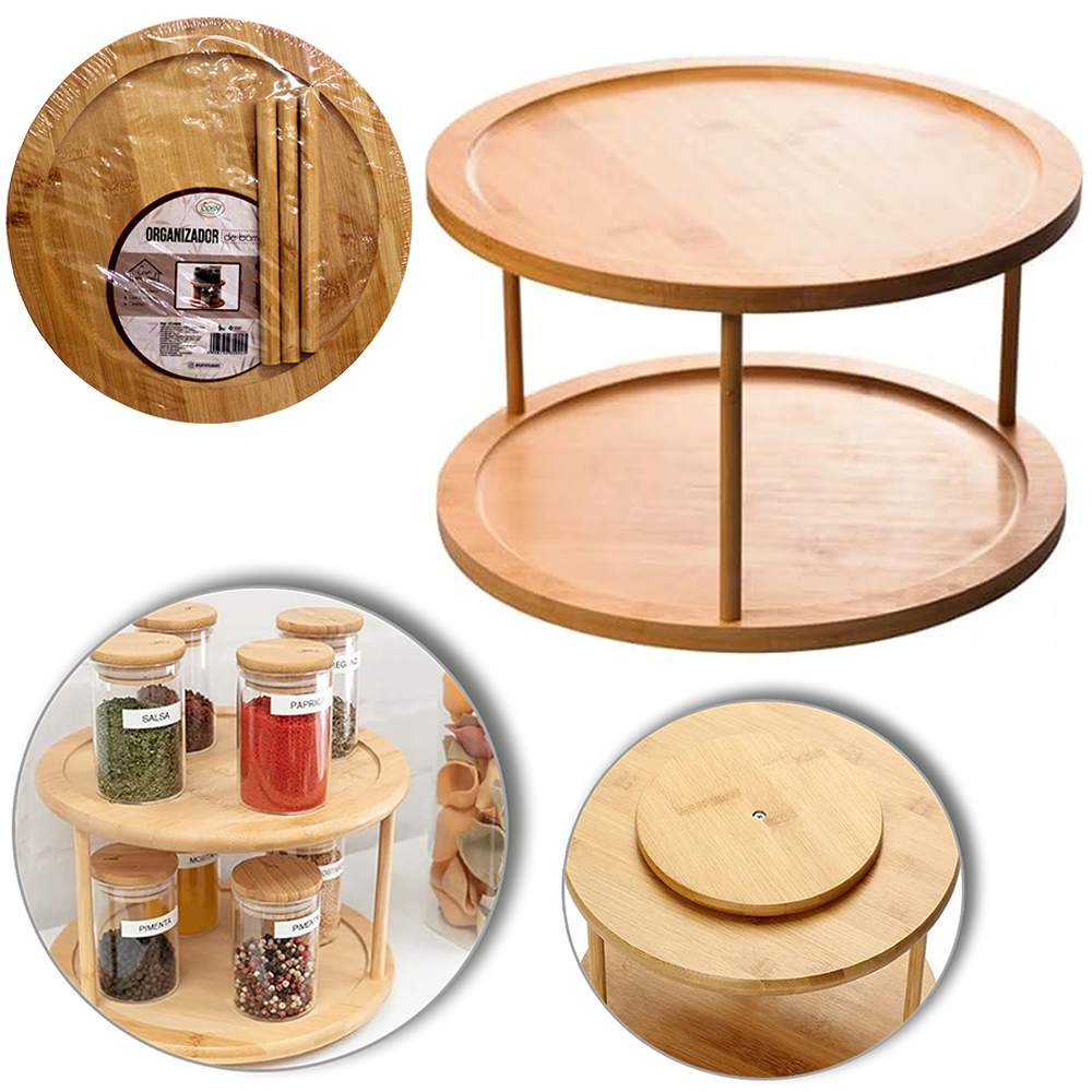 ORGANIZADOR PRATELEIRA DUPLA DE BAMBU REDONDO COM BASE GIRATORIO MULTIUSO 18,5X25CM DE Ø