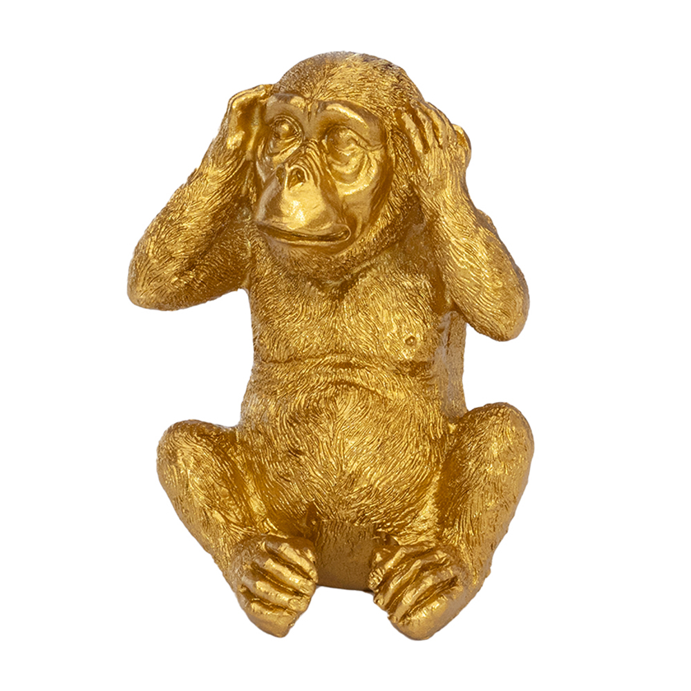 ENFEITE MACACO SURDO DE RESINA DOURADO 9X6X5,5CM