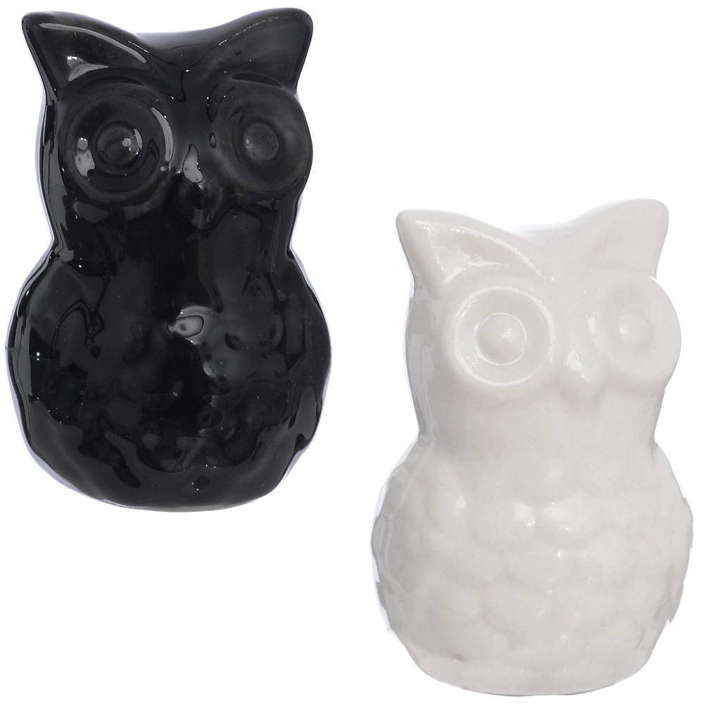 ENFEITE CORUJA DE PORCELANA PRETO / BRANCO 6,2X3,5X3CM