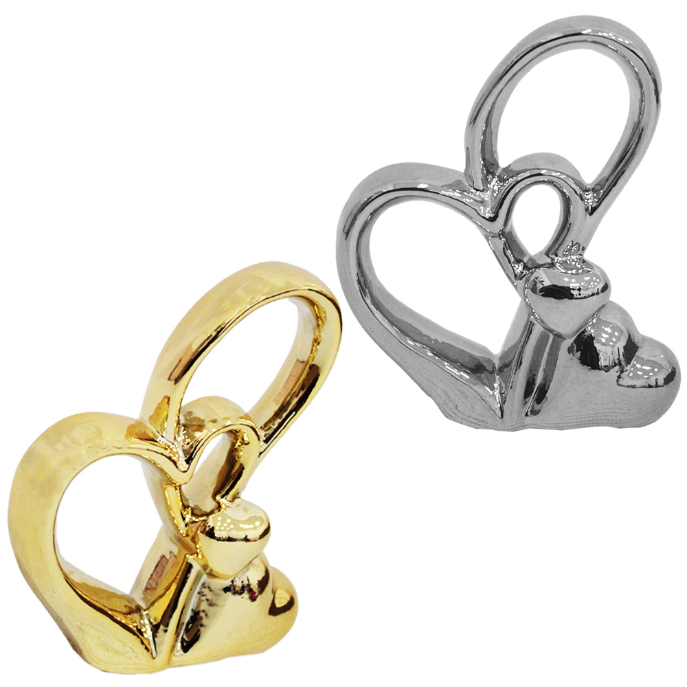 ENFEITE CORACAO QUADRUPLO DE PORCELANA METALIZADO 13X11X3,5CM