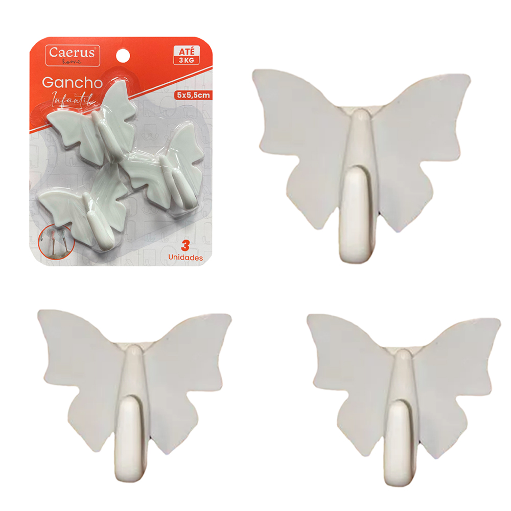 CABIDE GANCHO DE PLASTICO BORBOLETA AUTOADESIVO COM 3 PECAS 5,5X5X2,5CM