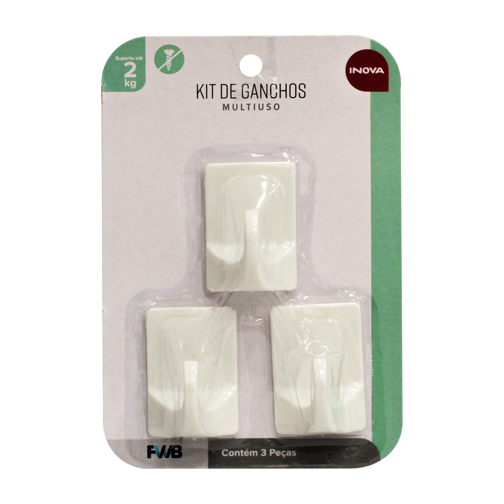 CABIDE GANCHO DE PLASTICO RETANGULAR AUTOADESIVO INOVA COM 3 PECAS 5,5X3,8X3CM