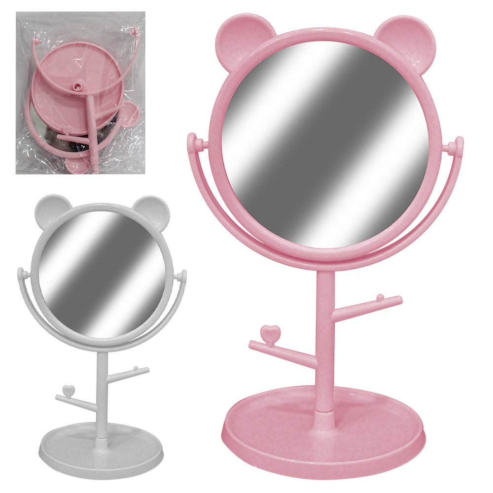 ESPELHO DE MESA REDONDO COM BASE PORTA JOIAS + 2 GANCHOS DE PLASTICO URSO 20X12,5X10CM