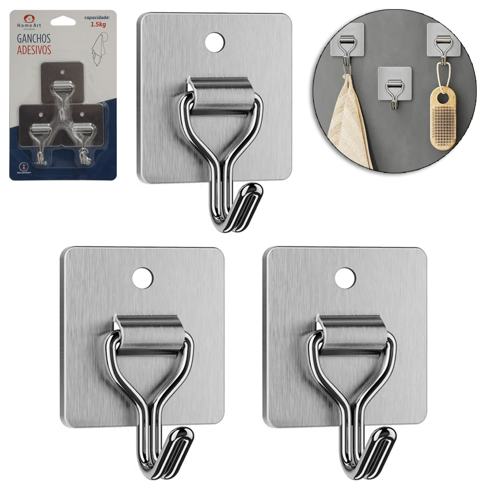 CABIDE GANCHO DE INOX RETANGULAR AUTOADESIVO COM 3 PECAS 4,5X3,2CM