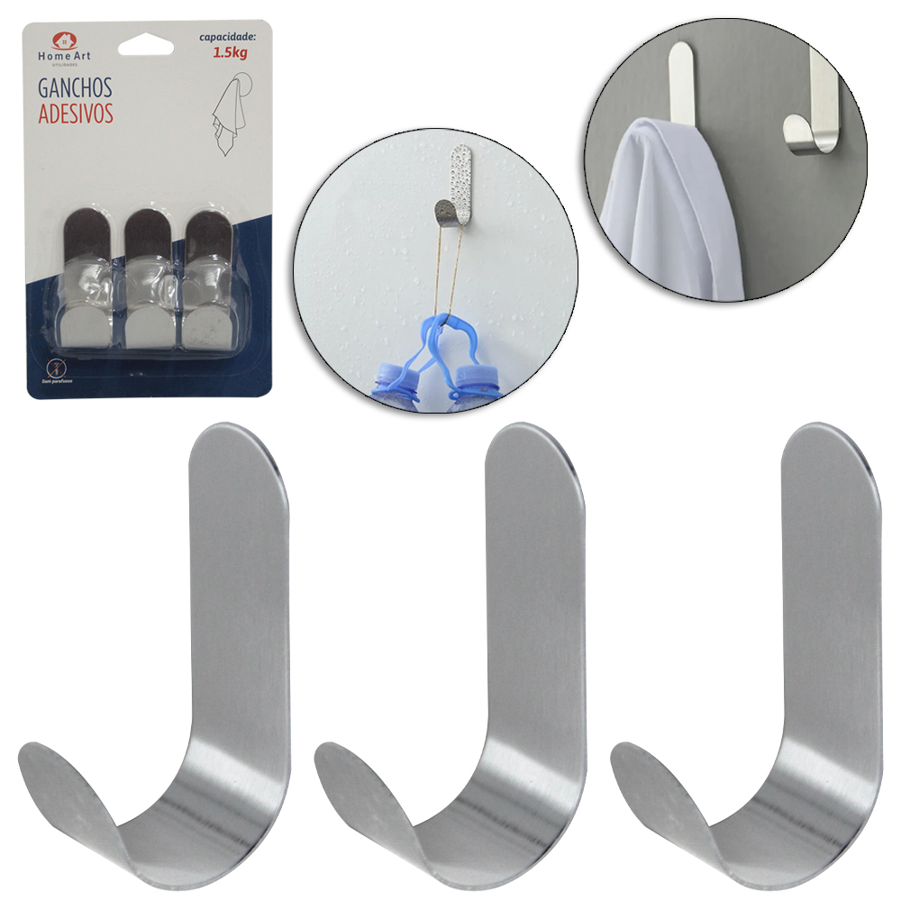 CABIDE GANCHO DE INOX AUTOADESIVO COM 3 PECAS 6X3X2CM