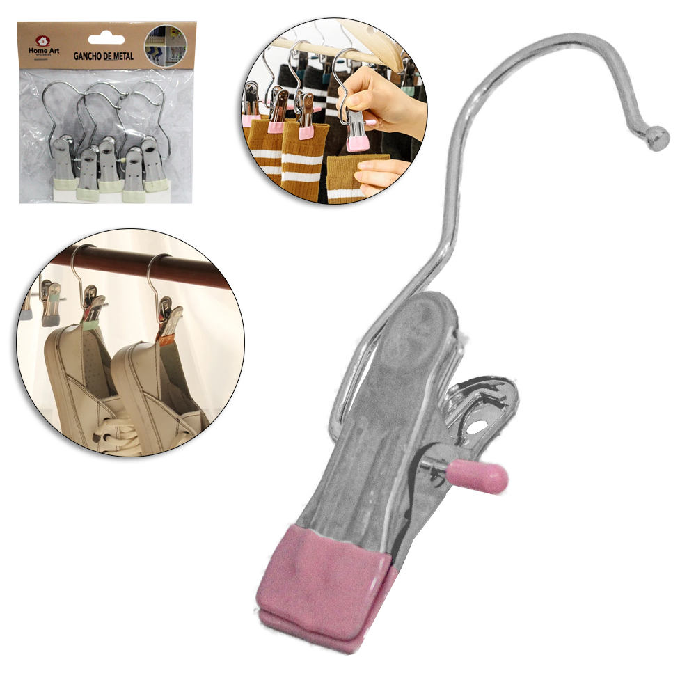 CABIDE GANCHO DE METAL COM PRENDEDOR DE INOX PONTA EMBORRACHADA 5 PECAS 11X4,5CM