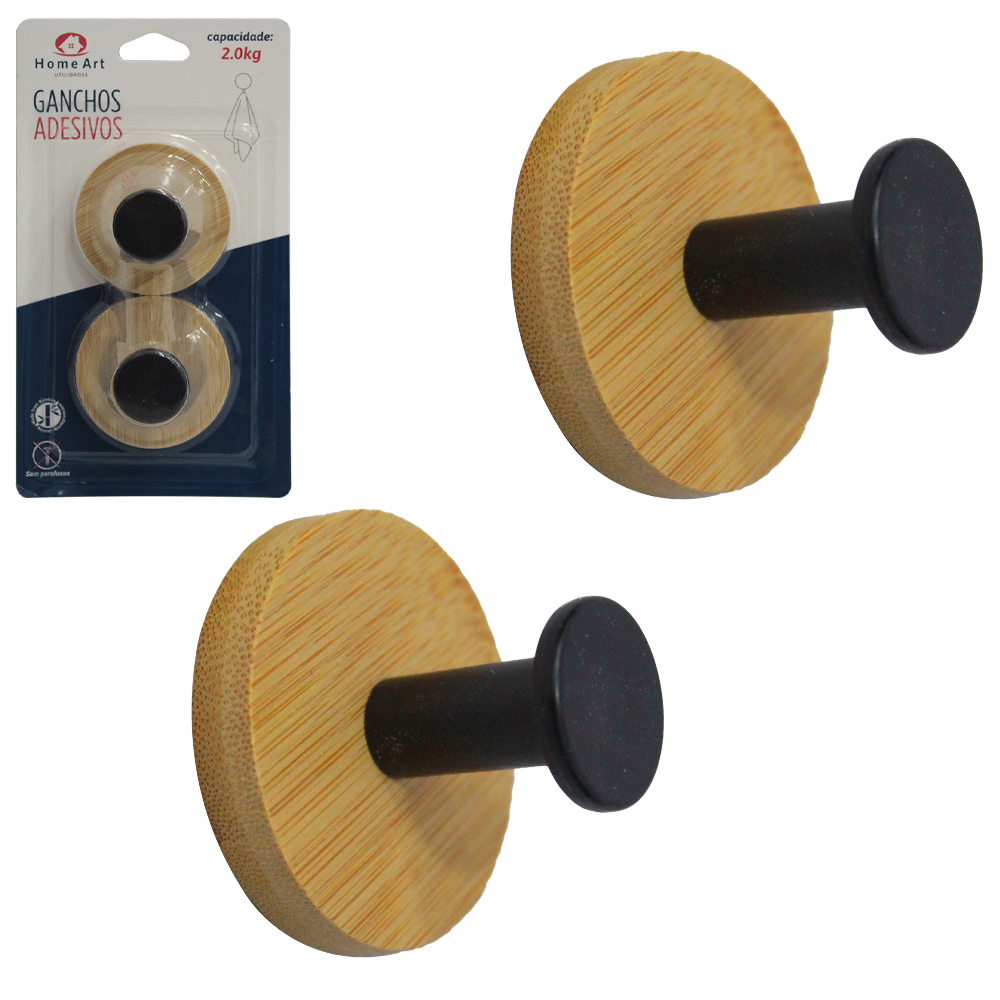 CABIDE GANCHO DE BAMBU / PLASTICO REDONDO AUTOADESIVO COM 2 PECAS 3,5X4,5CM DE Ø