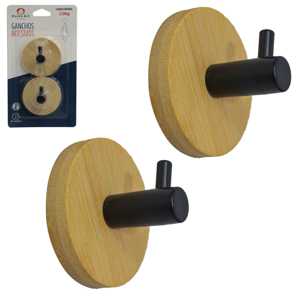 CABIDE GANCHO DE BAMBU / PLASTICO REDONDO AUTOADESIVO COM 2 PECAS 3X4,5CM DE Ø