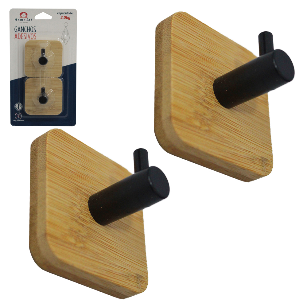 CABIDE GANCHO DE BAMBU / PLASTICO QUADRADO AUTOADESIVO COM 2 PECAS 5X3CM