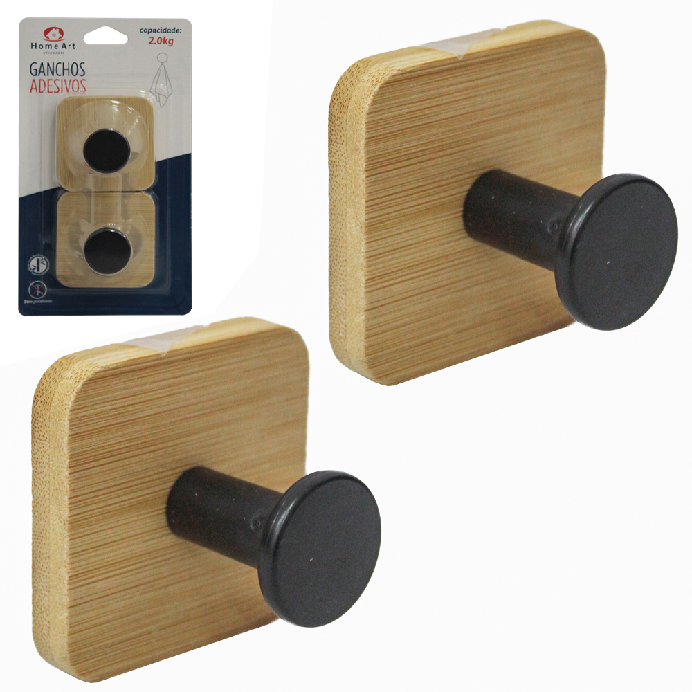 CABIDE GANCHO DE BAMBU / PLASTICO QUADRADO AUTOADESIVO COM 2 PECAS 5X3,5CM