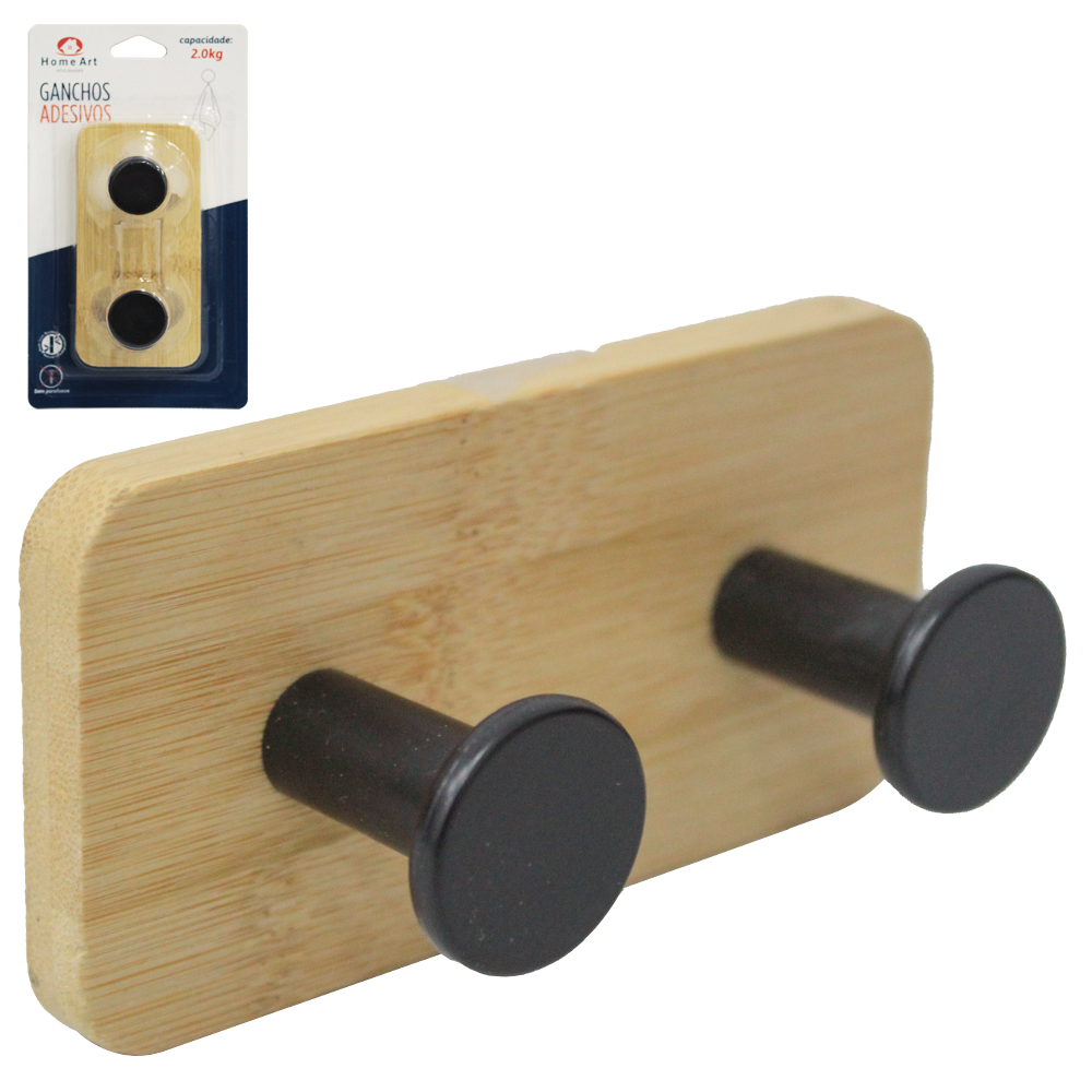 CABIDE GANCHO DE BAMBU / PLASTICO RETANGULAR DUPLO AUTOADESIVO 10X5X3,5CM