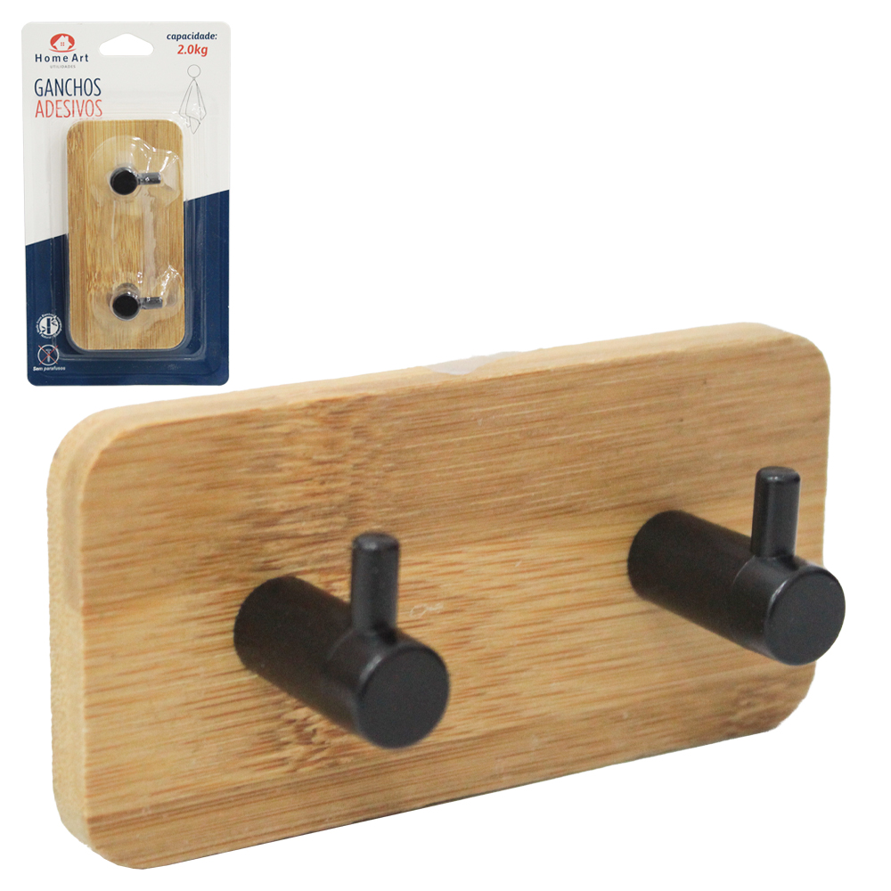 CABIDE GANCHO DE BAMBU / PLASTICO RETANGULAR DUPLO AUTOADESIVO 10X5X3CM