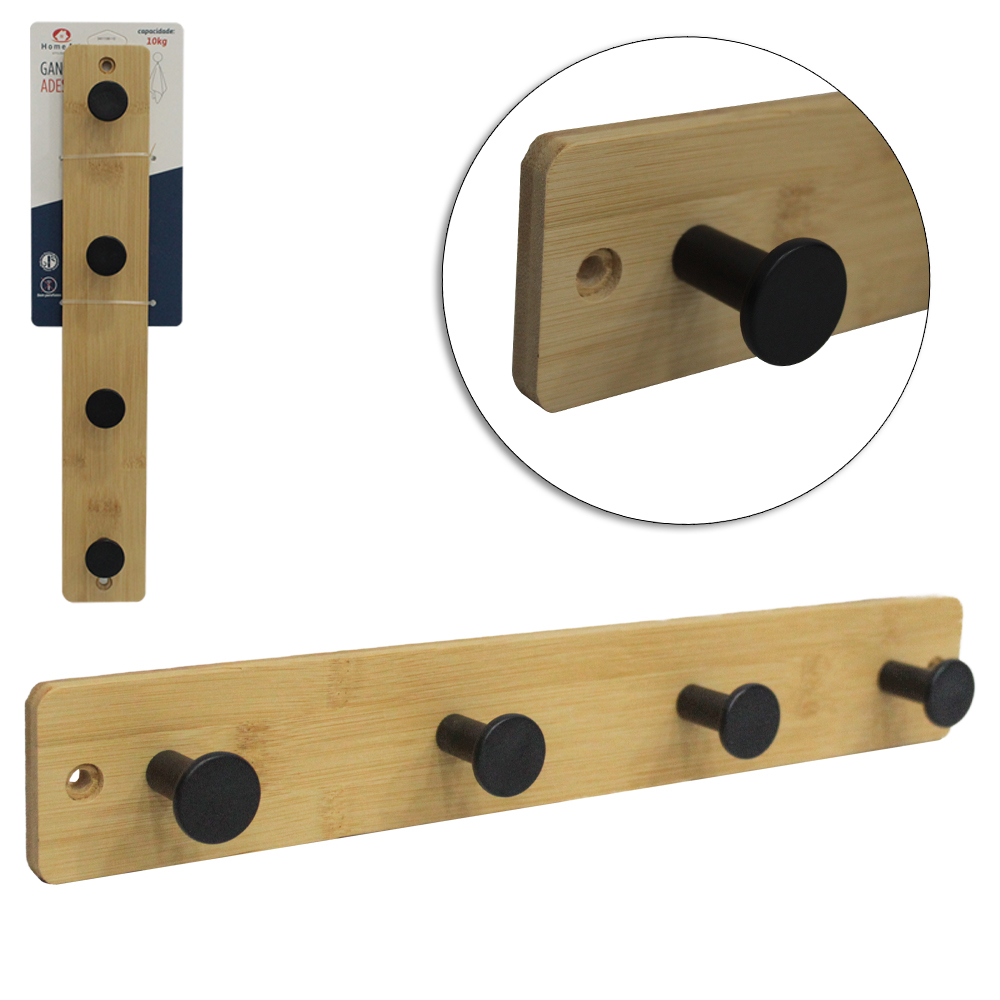 CABIDE GANCHO DE BAMBU / PLASTICO RETANGULAR QUADRUPLO AUTOADESIVO 33X5X3,5CM