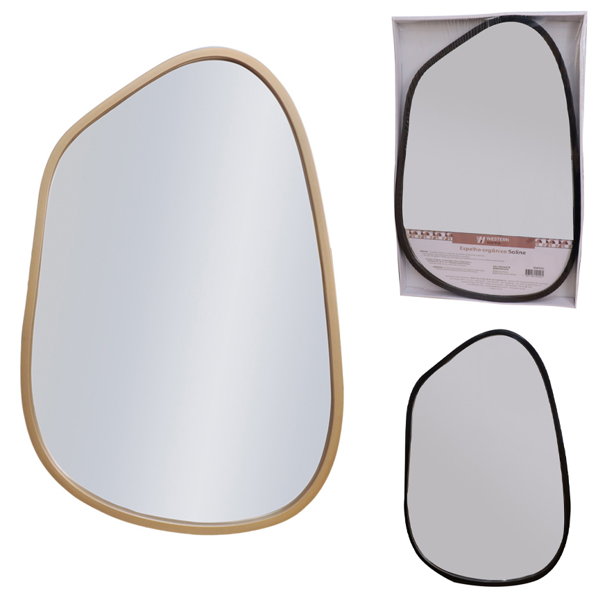 ESPELHO ORGANICO SALINE DE PENDURAR EMOLDURADO DECORATIVO BLACK / METALIZADO DOURADO 59X39CM
