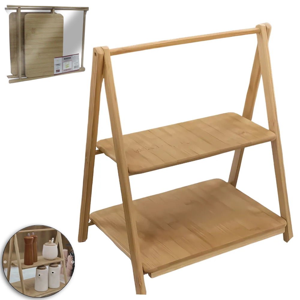 ORGANIZADOR PRATELEIRA DUPLA DE BAMBU RETANGULAR MULTIUSO 38X31,5X20CM