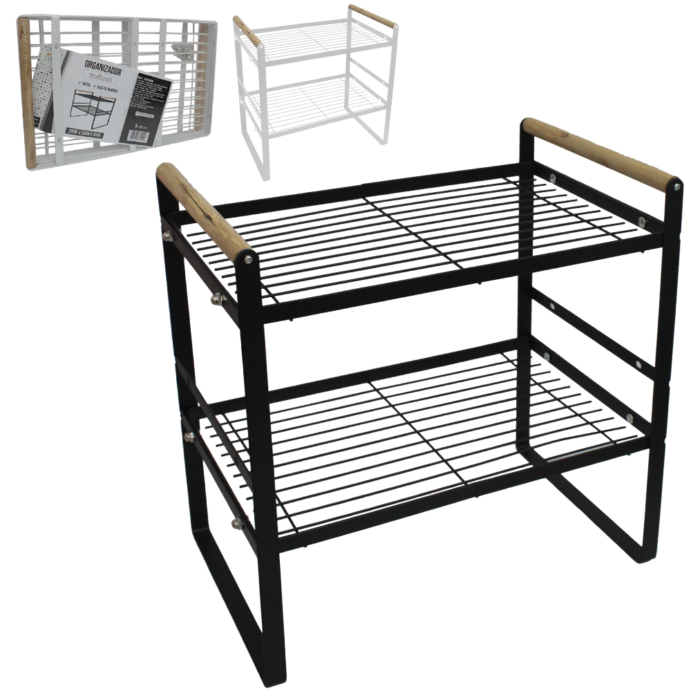 ORGANIZADOR PRATELEIRA DUPLA MULTIUSO ARAMADO DE BANCADA COM ALCA MADEIRA 33X33X20CM