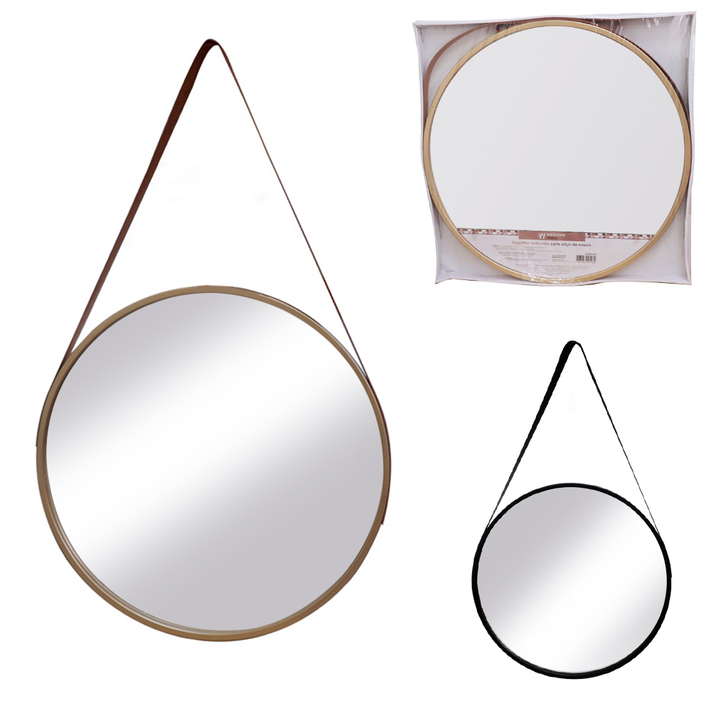 ESPELHO DE PENDURAR EMOLDURADO REDONDO DECORATIVO + ALCA DE COURO BLACK / METALIZADO DOURADO 45CM DE Ø