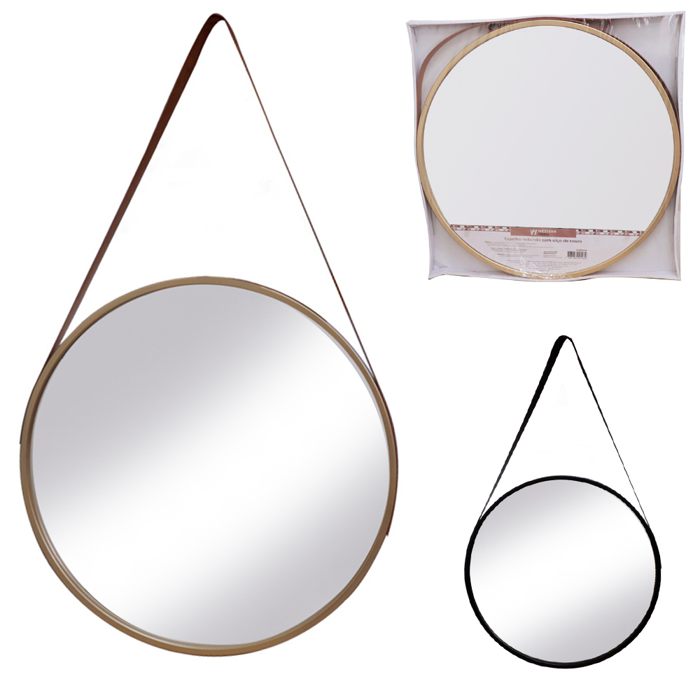 ESPELHO DE PENDURAR EMOLDURADO REDONDO DECORATIVO + ALCA DE COURO BLACK / METALIZADO DOURADO 53CM DE Ø