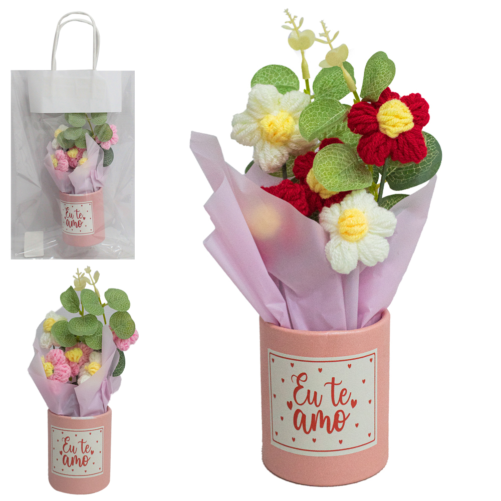 FLOR ARTIFICIAL / BUQUE DE ROSA CROCHE COM SACOLA 22X6CM