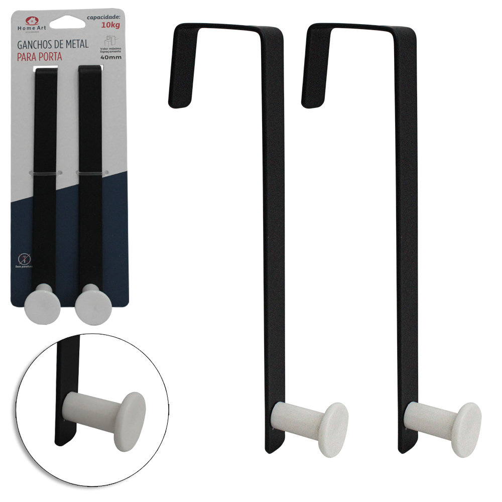 CABIDE GANCHO DE METAL PARA PORTA BLACK COM 2 GANCHOS DE PLASTICO WHITE 17,5X7X2,2CM