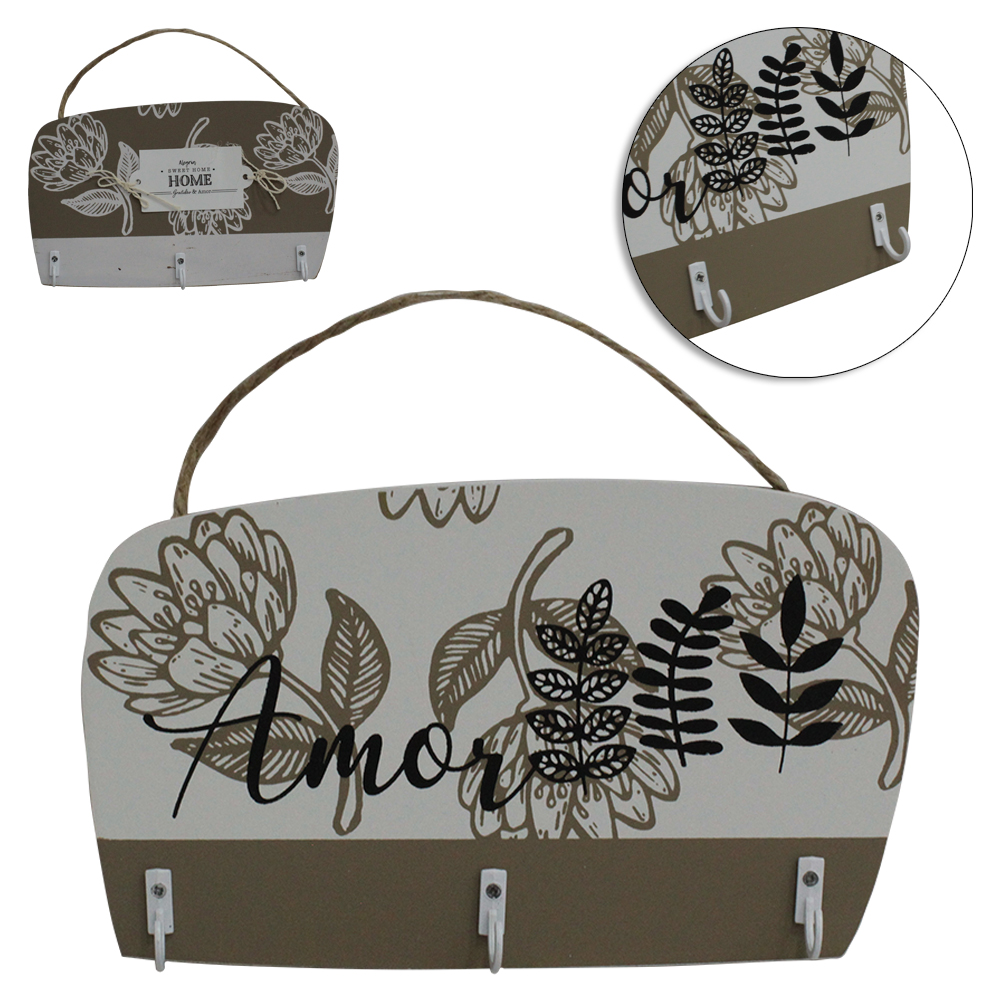 PORTA CHAVE DE MADEIRA MDF RETANGULAR PALAVRAS COM 3 GANCHOS DE METAL 20X12CM