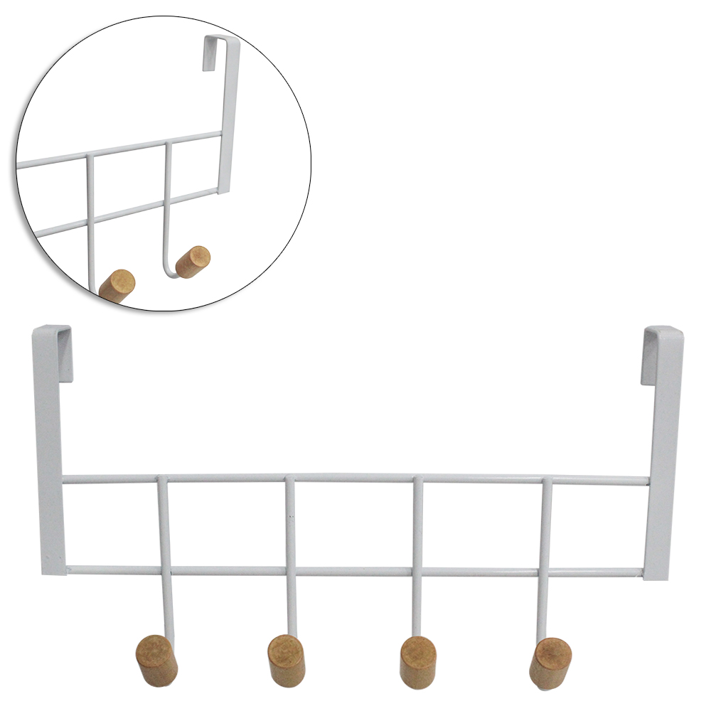 CABIDE GANCHO ARAMADO PARA PORTA WHITE COM 4 GANCHOS DE MADEIRA 26X15X6,5CM
