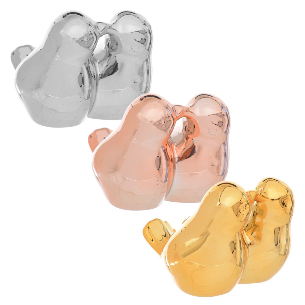 ENFEITE PASSARO CASAL BEIJO DE PORCELANA METALIZADO 8,5X7,5X7CM