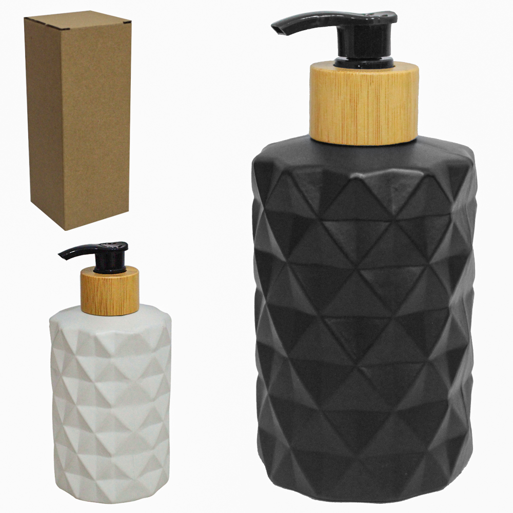 PORTA SABONETE LIQUIDO DE VIDRO REDONDO PRETO / BRANCO E GOLA DE BAMBU 420ML