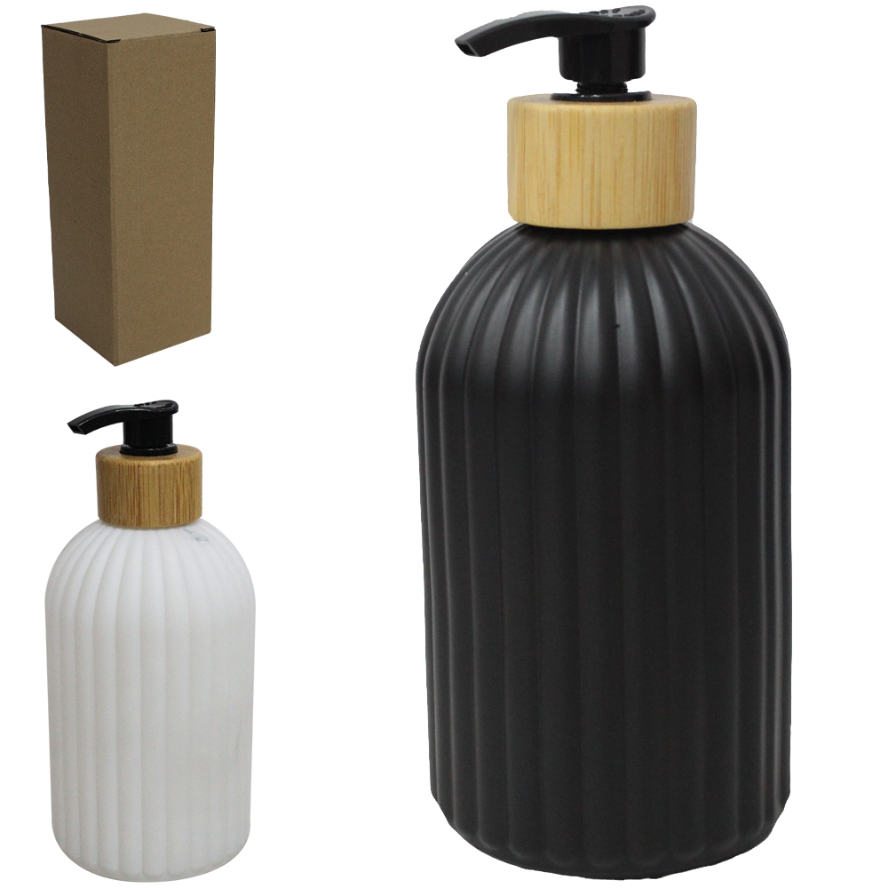 PORTA SABONETE LIQUIDO DE VIDRO REDONDO PRETO / BRANCO E GOLA DE BAMBU 420ML