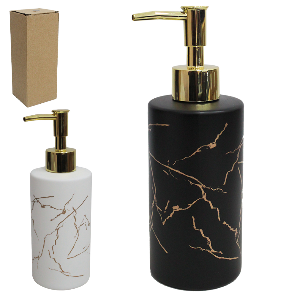 PORTA SABONETE LIQUIDO DE VIDRO REDONDO MARMORE PRETO / BRANCO 320ML