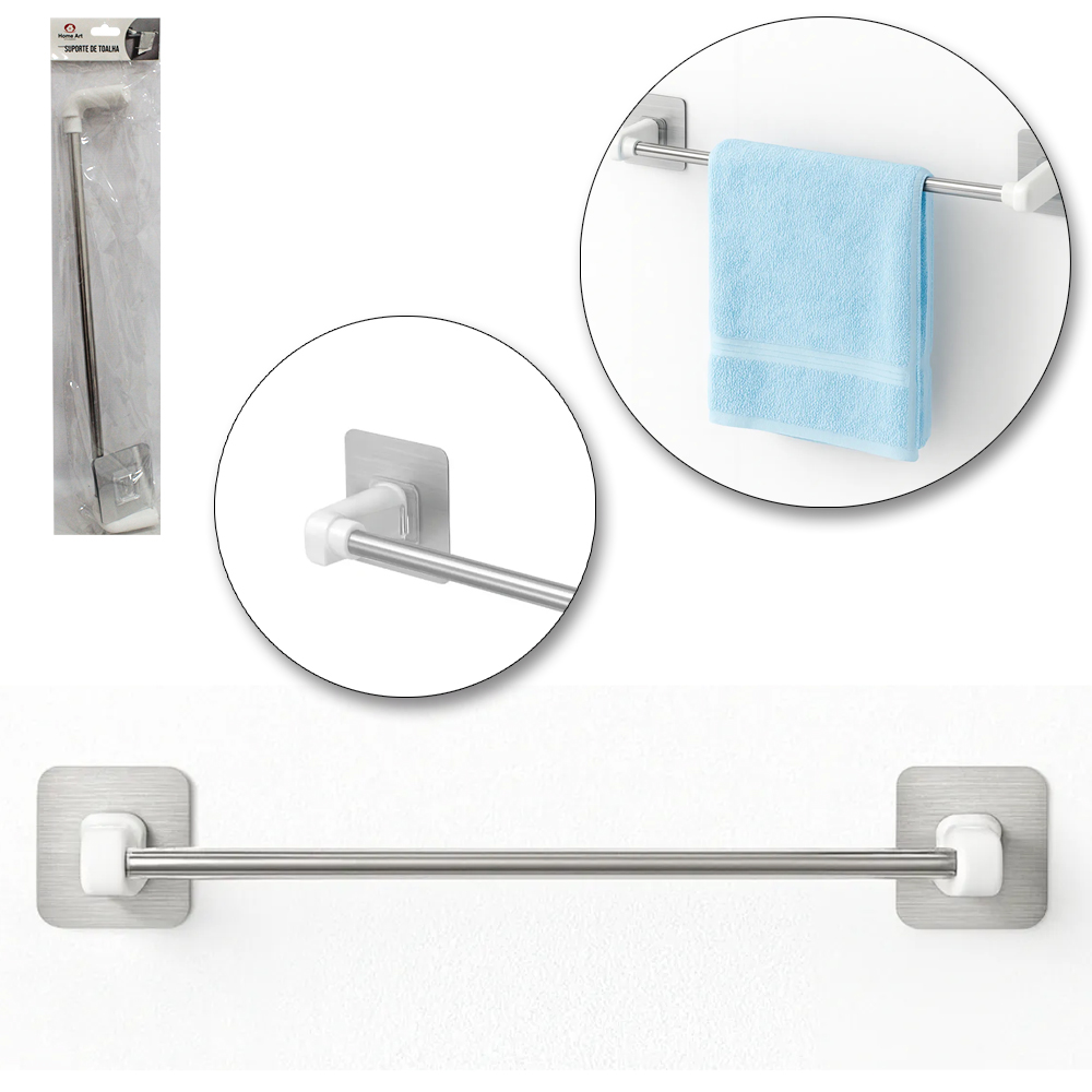 SUPORTE PORTA TOALHA DE PAREDE DE INOX / PLASTICO COM AUTOADESIVO 44X7X6,5CM