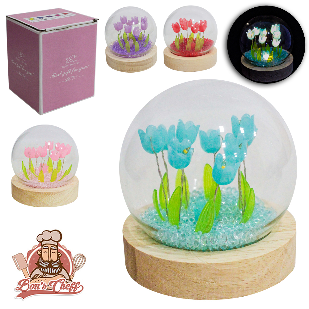 ENFEITE CUPULA COM 10 TULIPA + MICRO LED E BASE DE MADEIRA A BATERIA 8,5X8CM DE Ø