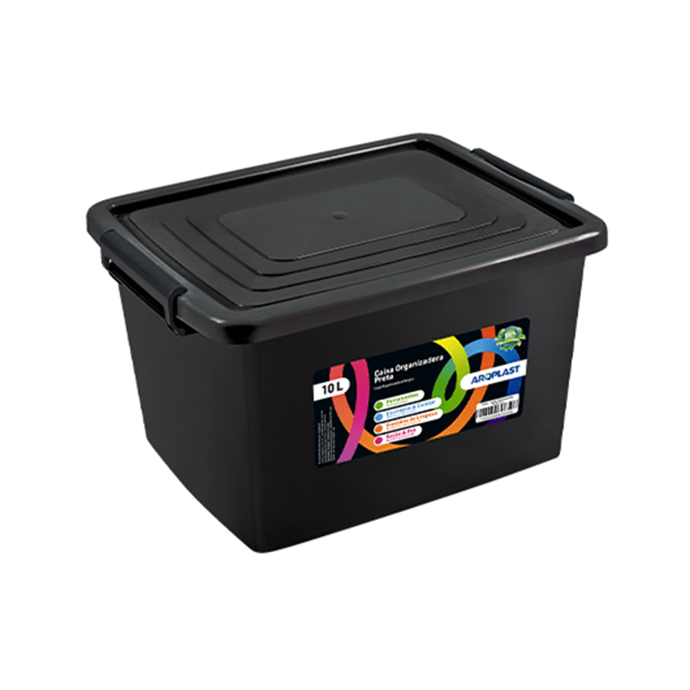 CAIXA ORGANIZADOR CONTAINER DE PLASTICO RETANGULAR PRETO COM TAMPA + TRAVA E ALCA 10L 35,4X26,1X19CM