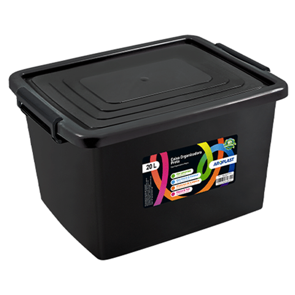 CAIXA ORGANIZADOR CONTAINER DE PLASTICO RETANGULAR PRETO COM TAMPA + TRAVA E ALCA 20L 40,5X30,5X23CM