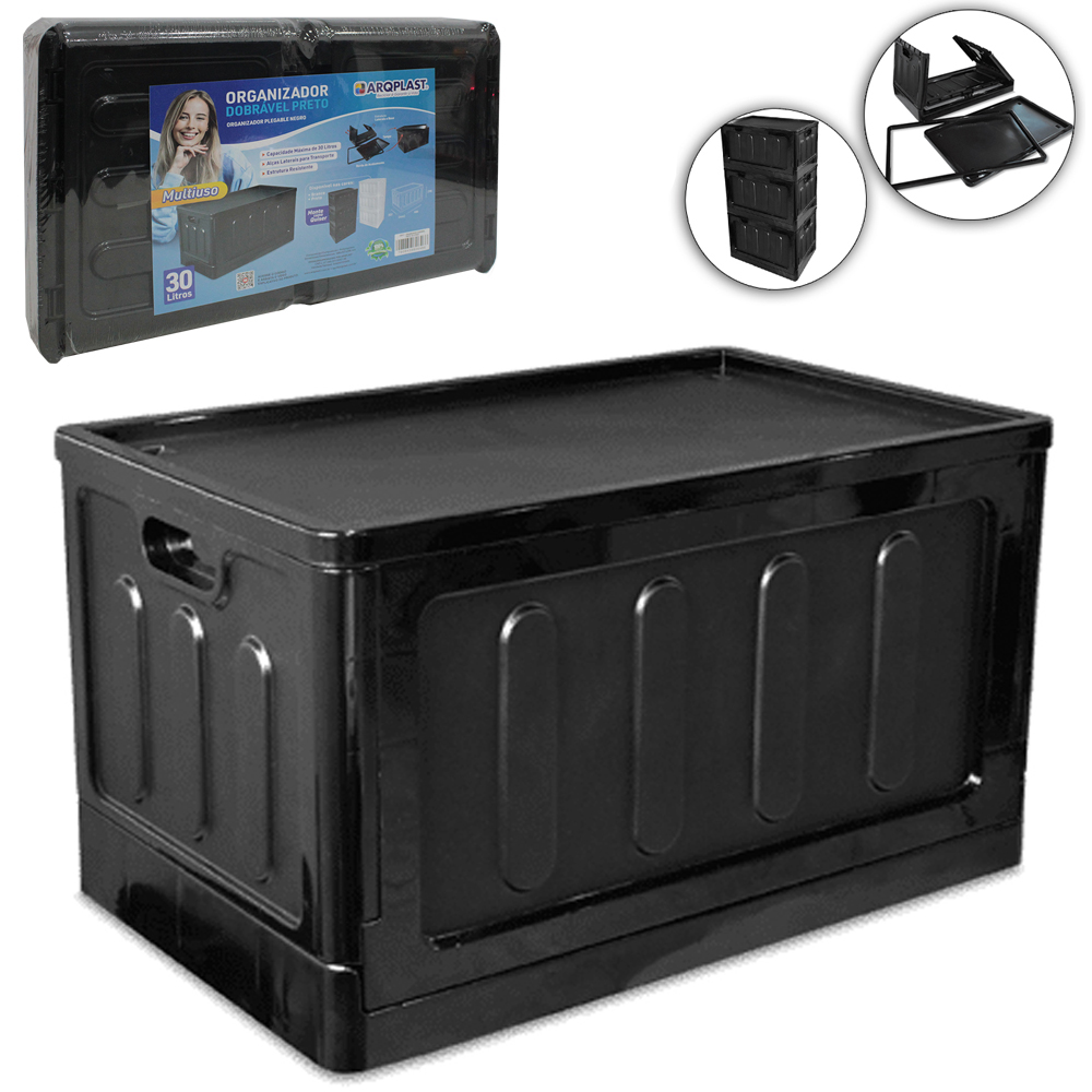 CESTO CAIXA ORGANIZADOR DE PLASTICO EMPILHAVEL DOBRAVEL MULTIUSO PRETO COM TAMPA + ALCA 30L 48,6X30,7X29,8CM