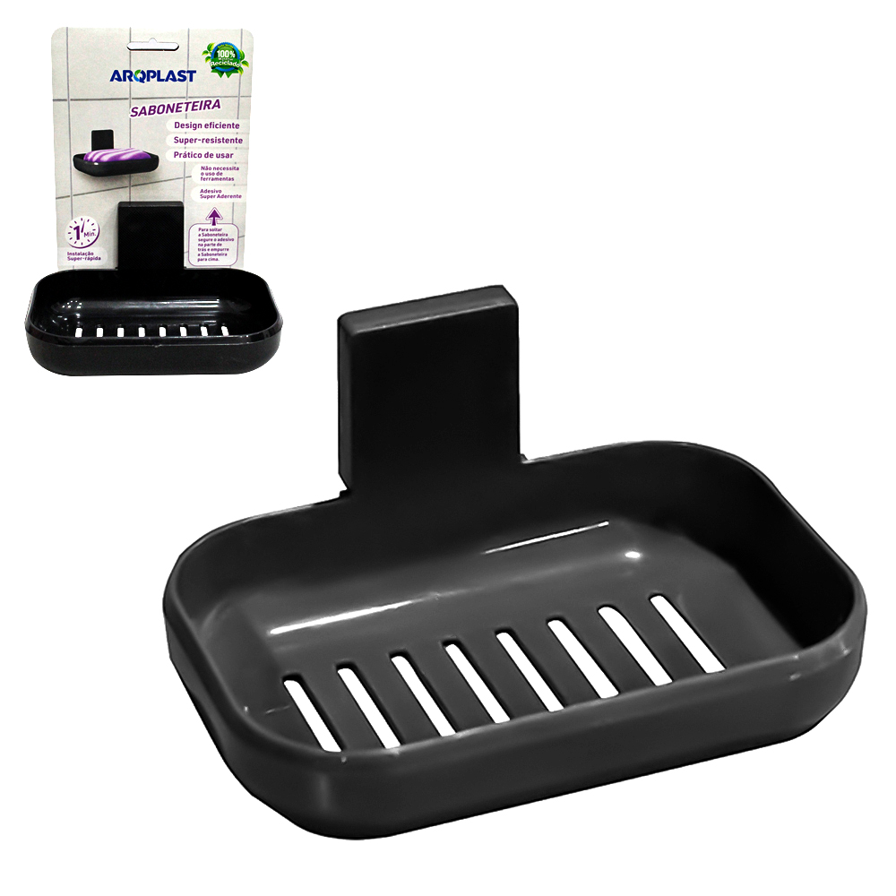 SABONETEIRA DE PAREDE DE PLASTICO RETANGULAR COM AUTOADESIVO PRETA 12,3X9X6CM
