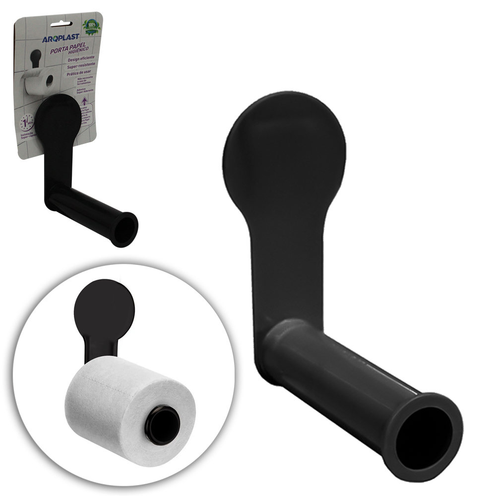 SUPORTE PORTA PAPEL HIGIENICO DE PAREDE DE PLASTICO COM AUTOADESIVO PRETO 13,3X11,6X5,9CM