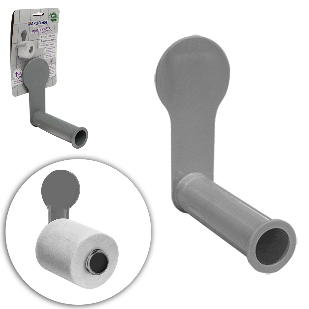 SUPORTE PORTA PAPEL HIGIENICO DE PAREDE DE PLASTICO COM AUTOADESIVO CINZA 13,3X11,6X5,9CM