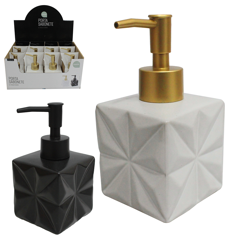 PORTA SABONETE LIQUIDO DE PORCELANA QUADRADO PRETO / BRANCO INOVA PREMIUM 280ML DP PLAY