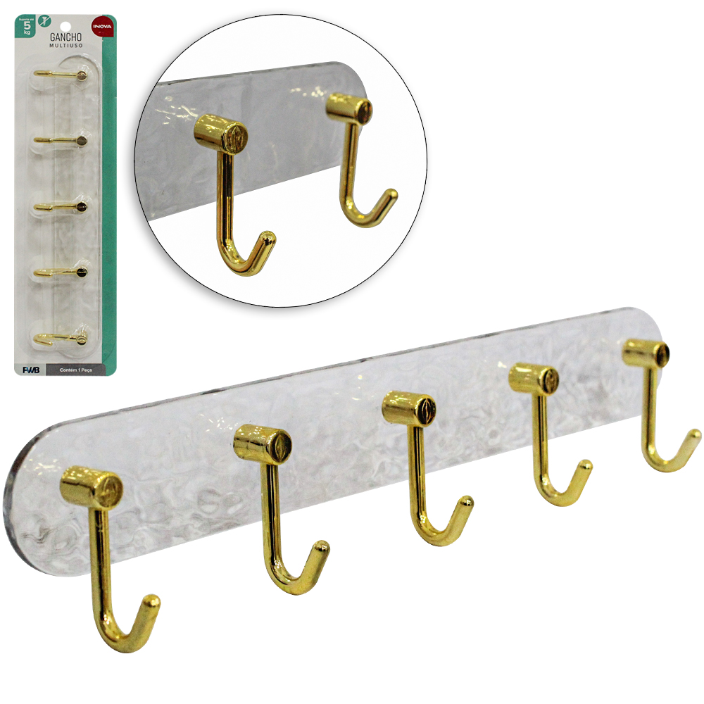 CABIDE GANCHO DE PLASTICO PET FLEXIVEL OVAL COM 5 GANCHOS AUTOADESIVO TRANSPARENTE INOVA 28X5,5X3,5CM