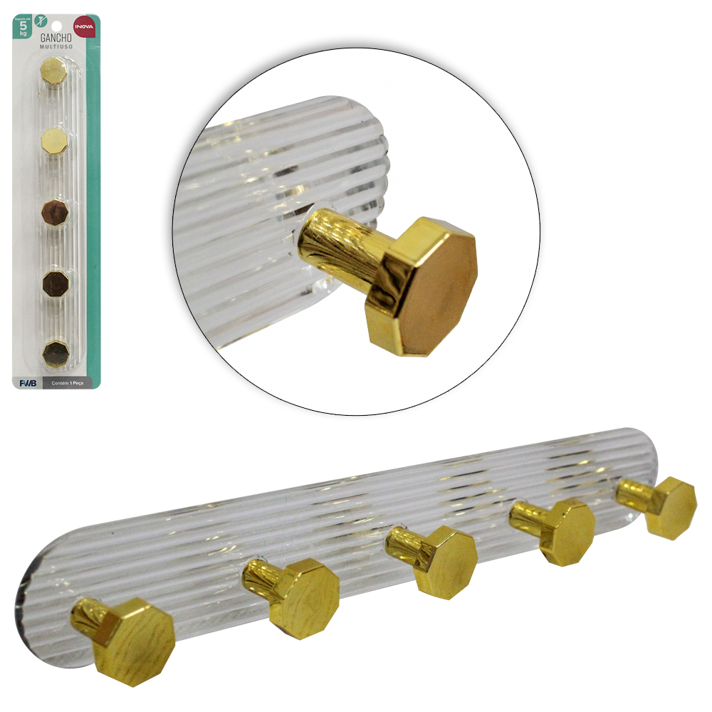 CABIDE GANCHO DE PLASTICO PET FLEXIVEL OVAL COM 5 GANCHOS AUTOADESIVO TRANSPARENTE INOVA 28X4X3CM